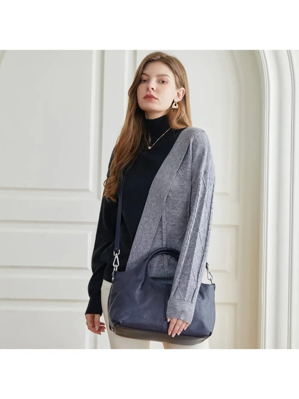Women's Navy Blue Genuine Leather Shoulder Satchel Designer Crossbody Hobo Bags